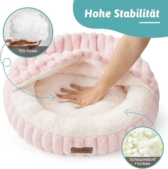 Cat Bed with Hooded Blanket, Round Fluffy Anti-Anxiety Pet Bed for Cats/Toy Breed Dogs, Cozy Donut Cuddler with Machine Washable Faux Fur & Anti-Slip Bottom(20"×20"×6",Pink)