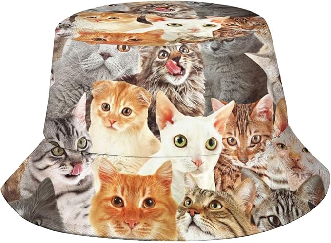 Cute Funny Cat Bucket Hats Fashion Sun Cap Packable Outdoor Animal Cat Fisherman Hat for Women and Men