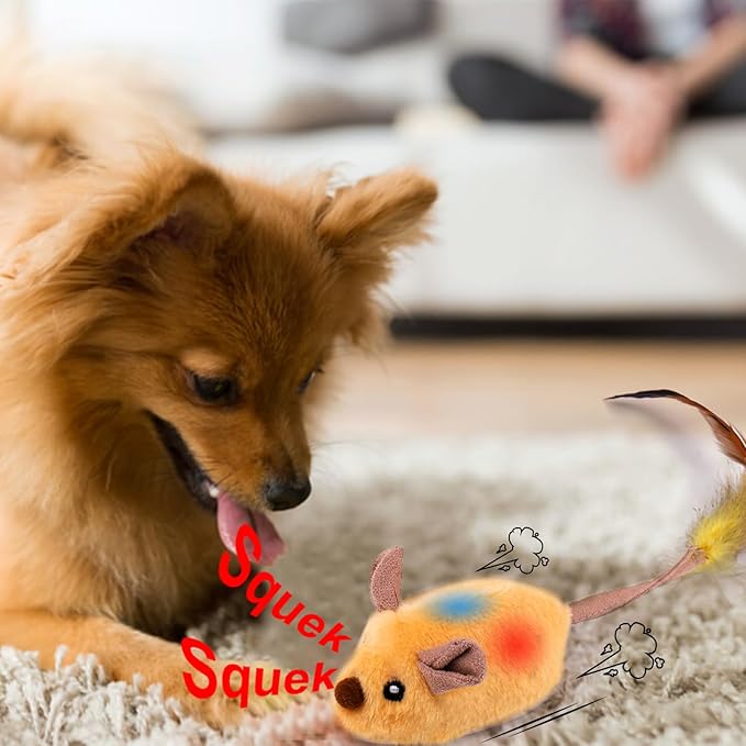 BABORUI Interactive Dog Toys Mouse, Escaping Mice Squeaky Dog Toys with Lights & Auto-Turn, Rechargeable Moving Dog Toy for Small/Medium/Large Dogs & Cats (Yellow)