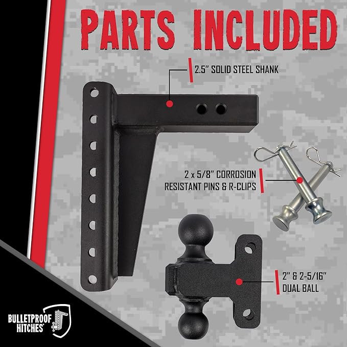 BulletProof Hitches - 2.5" Adjustable Heavy Duty Trailer Hitch (22,000 lb. Rating) - 10" Drop/Rise Trailer Hitch with 2" & 2-5/16" Dual Ball - Powder Coat, Solid Steel, Corrosion-Resistant