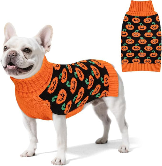 KYEESE Halloween Dog Sweater Pumpkin Style with Leash Hole Turtleneck Doggie Sweater Warm and Snug Knitwear Orange Knit for Small Dogs Girl Soft Halloween Pet Outfit Dog Clothes Boy, X-Large