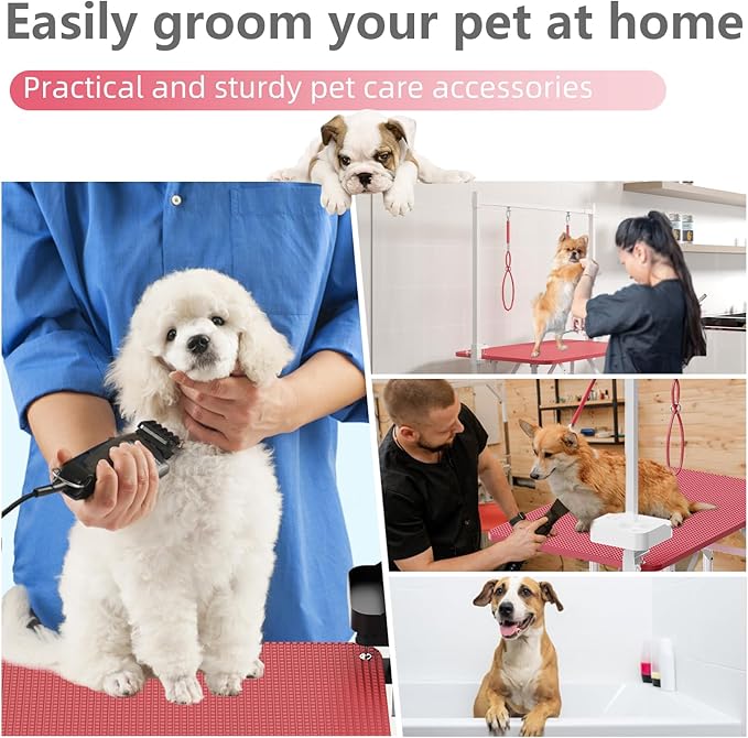 VFK 36''/47''Large Dog Grooming Table, Foldable Pet Station at Home, Dog Grooming Table,Adjustable Cat Drying Desktop with Arms, Nooses, Mesh Tray (Basic pet Table, 36" Pink)