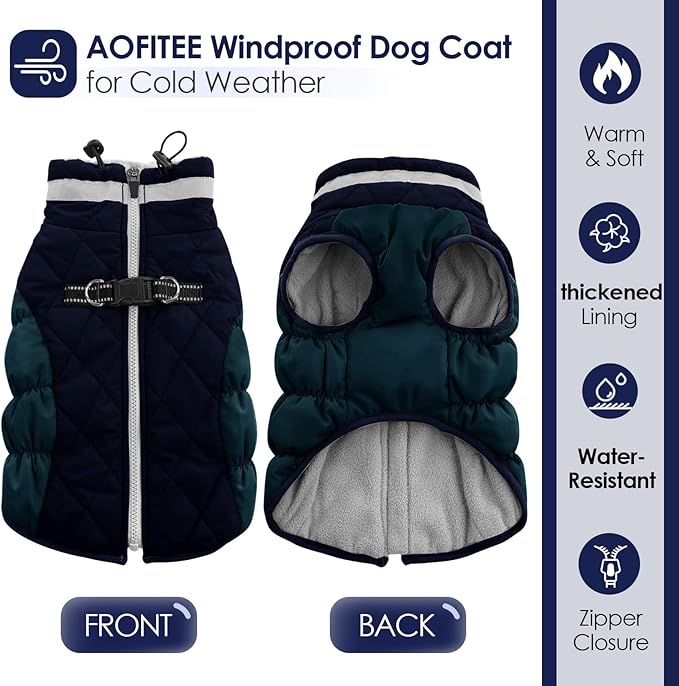 AOFITEE Dog Coat, Warm Dog Winter Coat, Reflective Turtleneck Large Dogs Jacket with Harness Built in, Turtleneck Pet Winter Jacket, Waterproof Pet Snow Jackets Fleece Vest, Navy XL