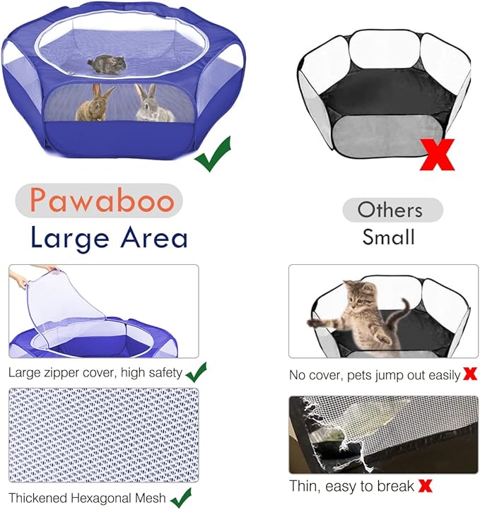 Pawaboo Small Animals Playpen, Waterproof Small Pet Cage Tent with Zippered Cover, Portable Outdoor Yard Fence with 3 Metal Rod for Chick/Kitten/Puppy/Guinea Pig/Rabbits/Hamster/Chinchillas,Indigo