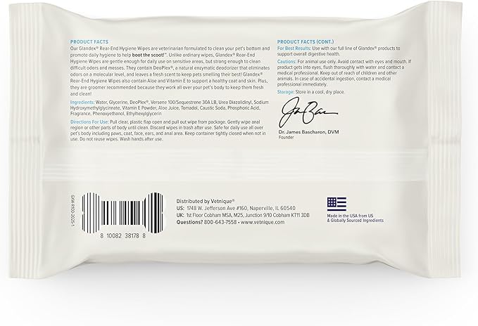 Vetnique Glandex Dog Wipes for Pets Cleansing & Deodorizing Anal Gland Hygienic Dog & Cat Wipes with Vitamin E, Skin Conditioners and Aloe Labs (100ct)