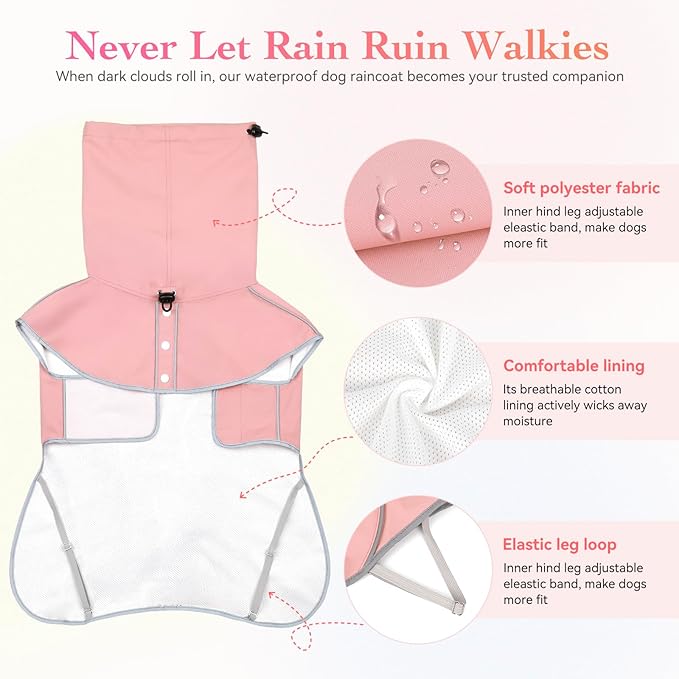 Reflective Dog Raincoat, Windproof & Waterproof Dog Rain Jacket, Adjustable Hooded Pet Poncho with Leash Hole for Small, Medium, Large Dogs(S-2XL) (Pink, Medium)