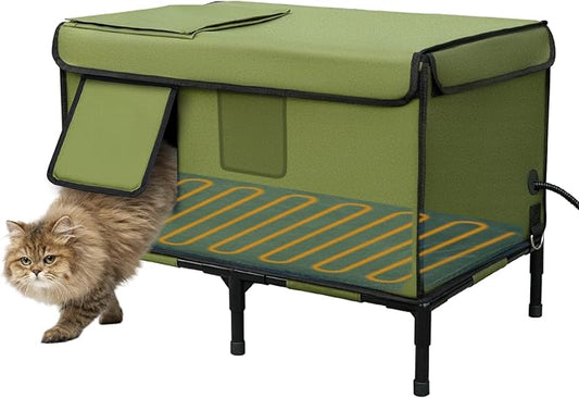 Palopalo Dewproof Heated Cat House for Outdoor Winter, Insulated Discreet Pet Shelter with Waterproof Heating Pad & Escape Door for Feral, Stray, Barn Kitty Cats (Army Green, 24.8" x 16.5" x 18.1")