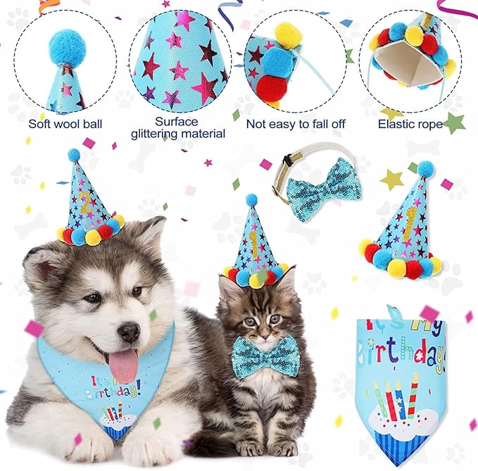 Dog Birthday Decorations, Puppy Birthday Party Outfits,Birthday Hat/Bow Tie/Bandana/Happy Birthday Banner,Pet Theme Suit Apparel & Accessories for Boy Golden Doodle Teddy Husky Labrador (4PCS Blue)