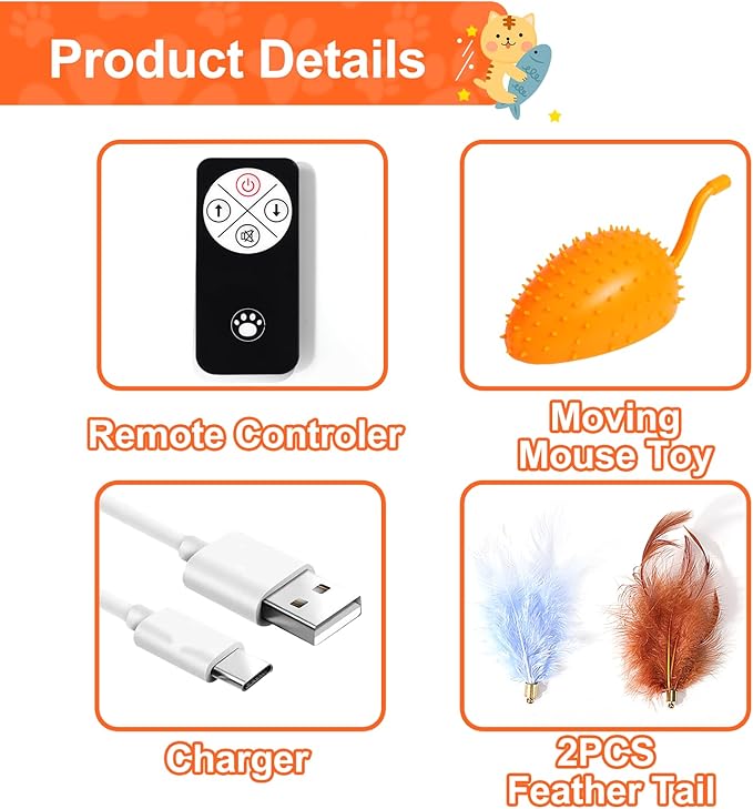 Mity rain Cat Interactive Toys for Indoor Cats, Remote Control Toy with Feather Tails, Cat Automatic Toy for Cats Exercise Catching and Chasing, Moving Electric Pet Toy with USB Charger