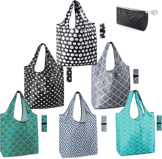 BeeGreen Geometry Reusable Grocery Bags Bulk 6 Packs X-Large, Reusable Shopping Bags Foldable for Groceries, Vegetables, Fruits Watertight Bulk Tote Bags Washable For Women and Men