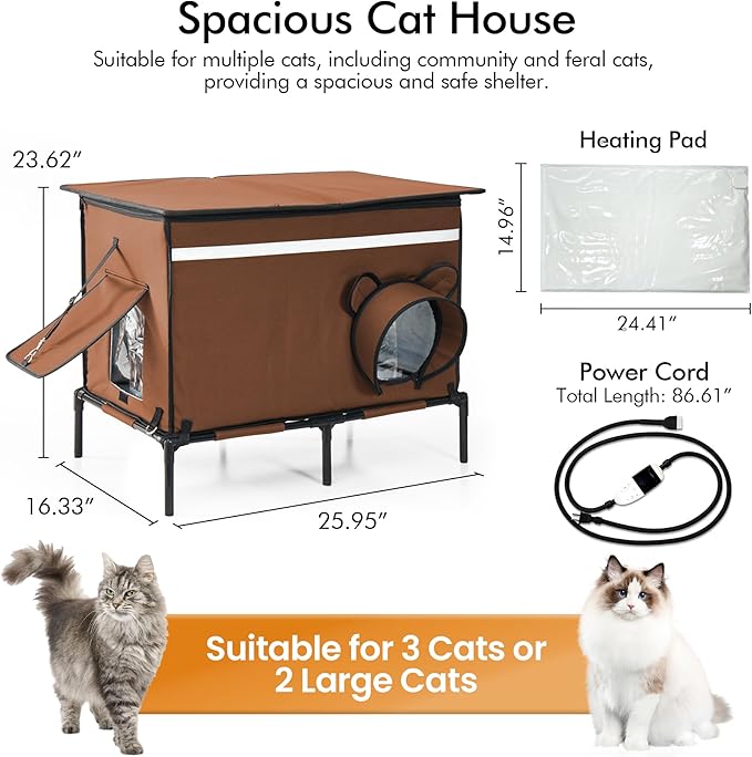 Heated Outdoor cat House for Outside, Weatherproof Insulated Feral Cat Shelter with Timer-Temp Control Heating Pad in Winter, Large Elevated Outdoor Cat House with Zipper, 2 Doors, Safety- Deep Brown