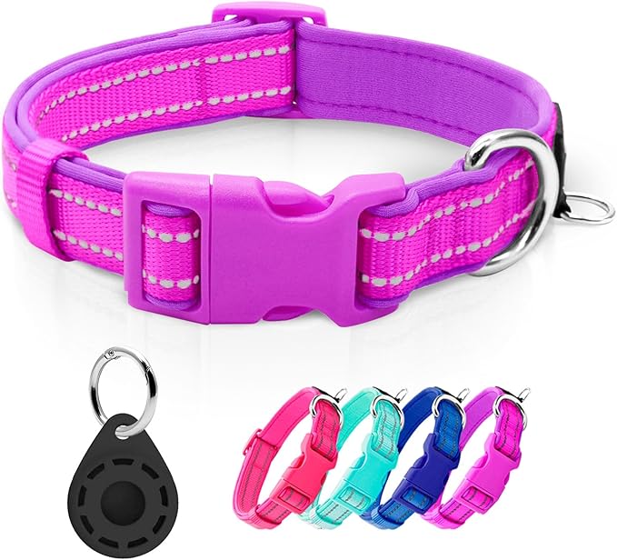azuza Reflective Dog Collar with Airtag Holder, Soft Neoprene Padded Pet Collar with ID Tag Ring, Adjustable for Small Dogs,Purple,S