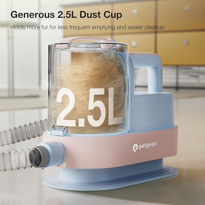 Dog Grooming Vacuum Kit with Clippers, 7-in-1 Pet Hair Grooming Set for Dogs, Hair Dryer with 3 Heat Settings, 11000Pa Suction, 2.5L Dustbin(Powder Blue & Pink)