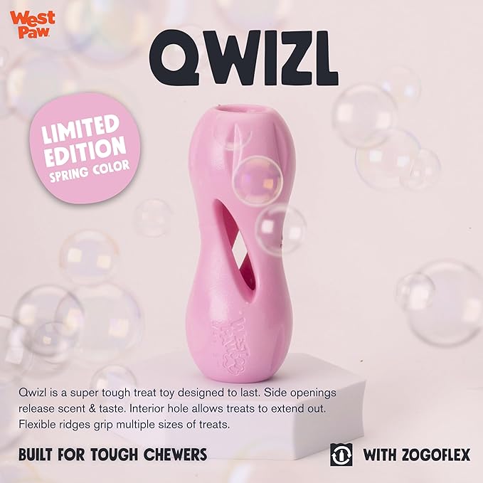 WEST PAW Zogoflex Qwizl Dog Puzzle Treat Toy – Interactive Chewing for Dogs – Dispenses Pet Treats – Brightly-Colored Dog Enrichment Toy for Aggressive Chewers, Fetch, Catch, Small 5.5", Bubblegum