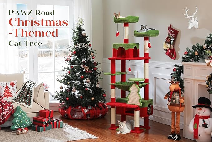 PAWZ Road Christmas Cat Tree, 72 Inches Tall Cat Tower with 2 Perches, 2 Condos and Spacious Hammock, Attractive Cat House with Xmas Tree Scratcher, 7 Scratching Posts for Large Cats