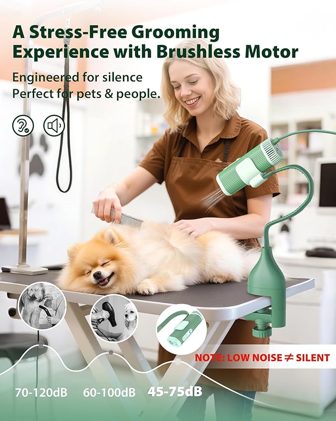 L&W BROS. 2-in-1 Pet Hair Dryer with Clamp Stand – Wearable & Hands Free Dog Grooming Dryer, 950W Low Noise Blower with 5 Heat & 3 Speed Settings, for Small to Medium Pets (Green)
