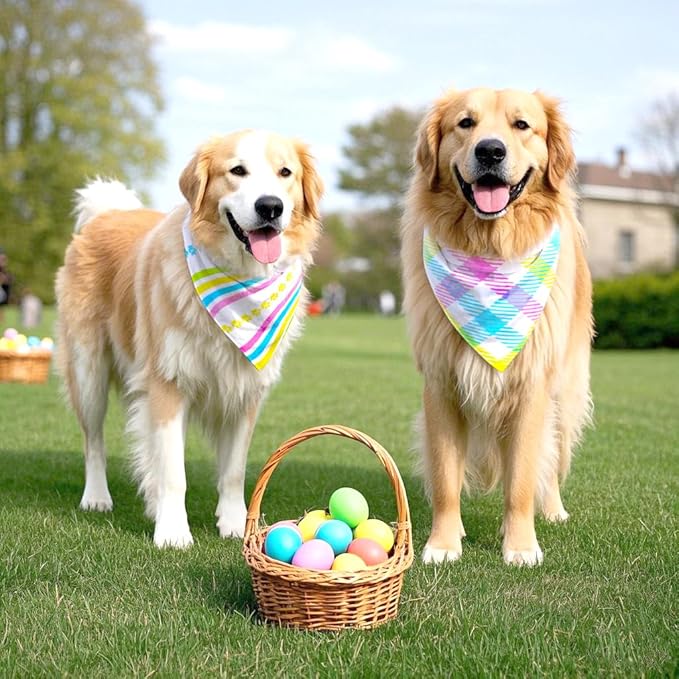 Easter Dog Bandanas for Large Dogs,Reversible 2-Pack Spring Scarves,Holiday Outfits with Colorful Egg and Bunny Designs,Pet Costume Accessories for Boys and Girls (Large)
