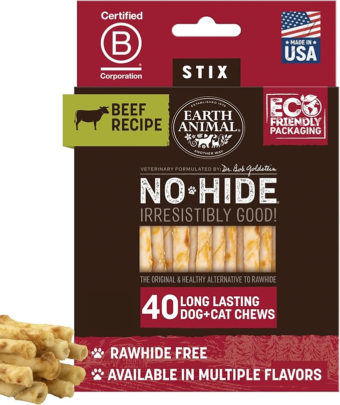 Earth Animal No Hide Stix - Long Lasting Rawhide Free Small Dog Chews Sticks, Beef - 40 Count Extra Value Pack