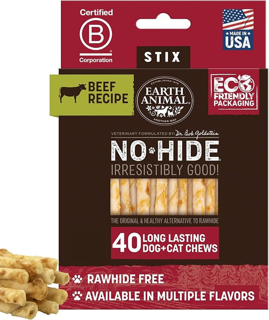 Earth Animal No Hide Stix - Long Lasting Rawhide Free Small Dog Chews Sticks, Beef - 40 Count Extra Value Pack