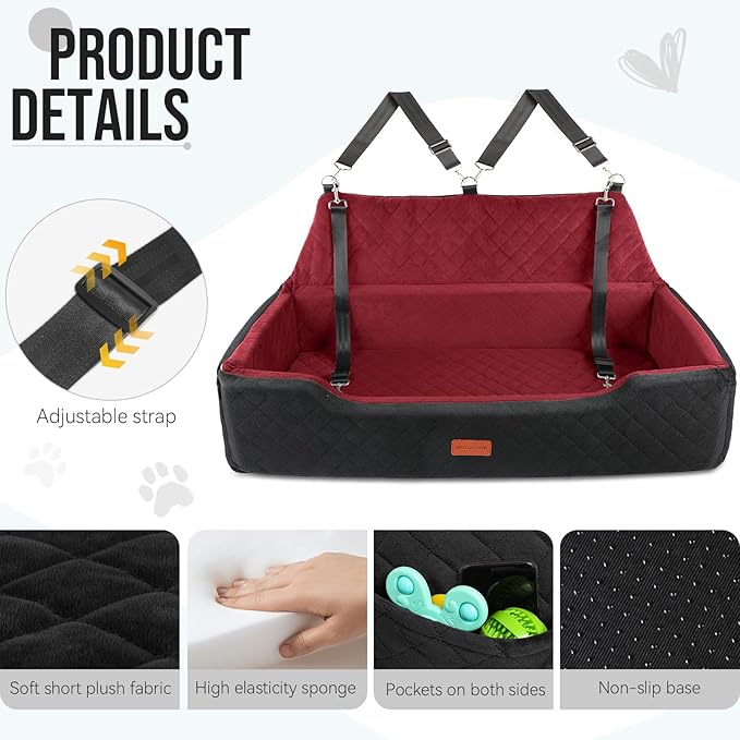 Large Dog Car Seat Under 100 lbs, Washable Dog Car Bed for 2 Medium Dogs, Detachable Pet Booster Seat with Storage Pocket and Seat Belt for Back Seat