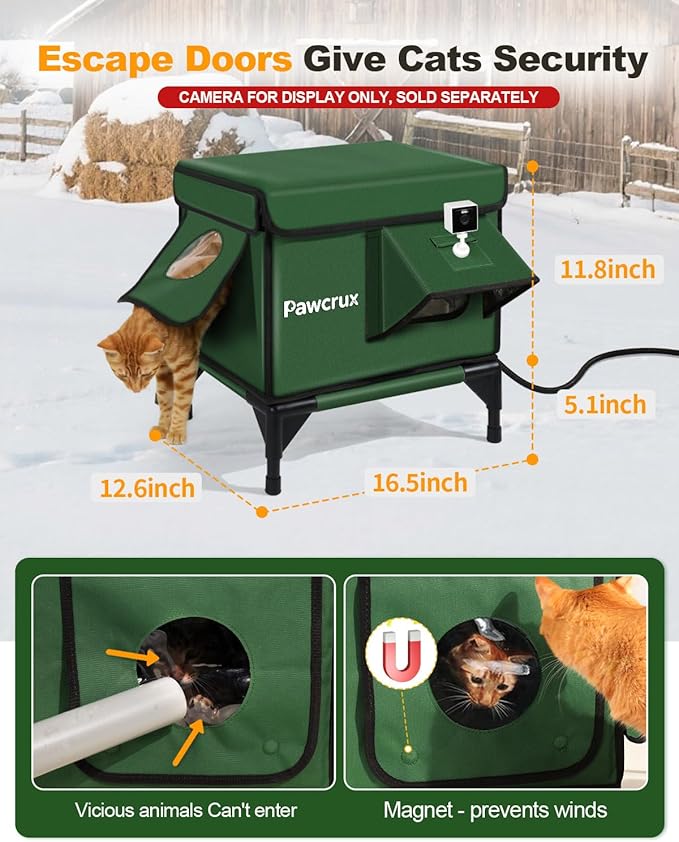 Weatherproof Heated Cat House for Outdoor in Winter, Heated Cat Bed Kitty Shelter with Cat Heating Pad, Insulated & Safe Escape Door, Warm House for Outside Stray Cat(Green, 12.6"x16.5"x16.9")