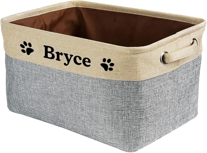 Custom Dog Cat Toy Storage Basket with Pet's Name Sturdy Foldable Collapsible Storage Bin Box with Handles for Organizing Pet Stuffs, Toys, Clothes,( Grey and White), 15" x 9.8" x 9"