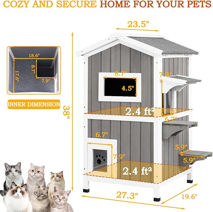 PetsCosset Insulated Cat House Outdoor Weatherproof All-Round Insulation Two Story Outside Wooden Feral Cat Shelter for Winter with 2 Escape Doors, Pull Out Floor and Openable Roof for Cats, Grey