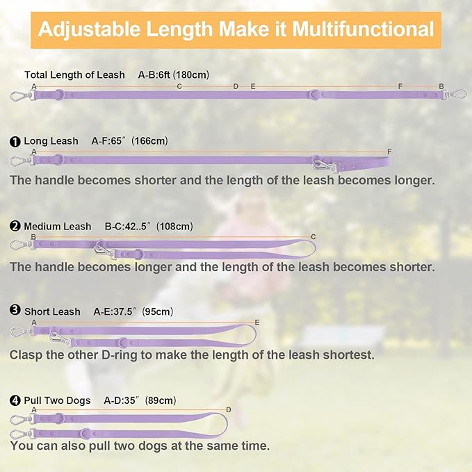Wisedog Waterproof Dog Leash – 5ft/6ft Adjustable with 2 Hooks & Traffic Handle, Easy to Clean Double Clip Leash for Small, Medium, Large Dogs (Lilac L)