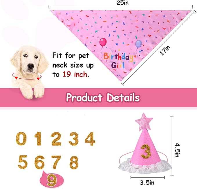 Dog Birthday Bandana Set, Dog Birthday Party Supplies, Puppy Boy Girl Birthday Party Hat with Numbers for X-Small, Small and Meidum Puppy (Pink)