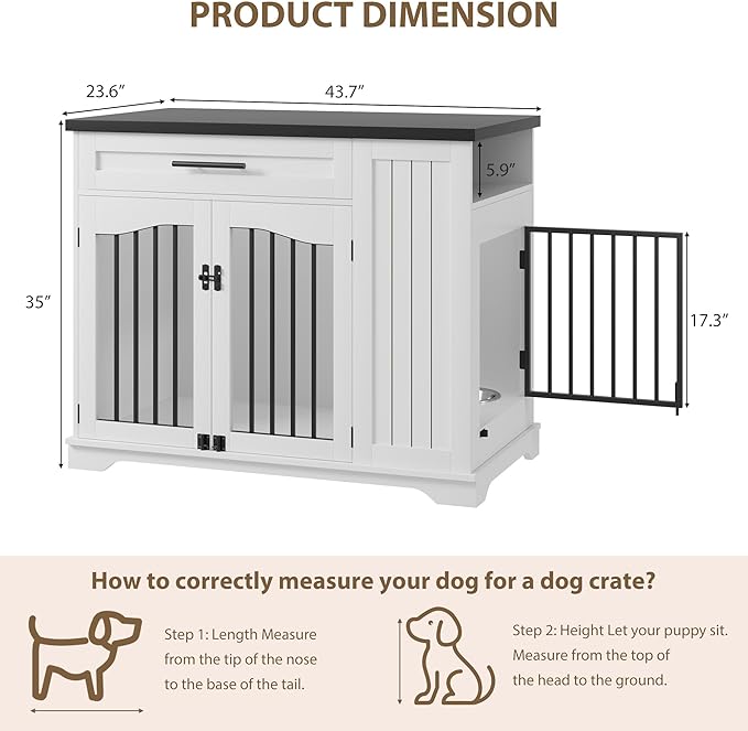 Furniture Style Dog Crate for Large Dogs, 44 Inch Heavy Duty Wooden Dog Kennel Furniture with Drawer & Side Storage and Bulit-in Feeding Station,White Set of 2
