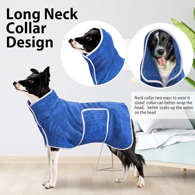 Dog Bathrobe Towel Dog Drying Coat - Super Absorbent Towels Bath Robe for Dogs Large, Soft Adjustable Collar & Belly Strap Fast Drying Coat Pet Cat Bath Robe (Medium Blue‌, Small)