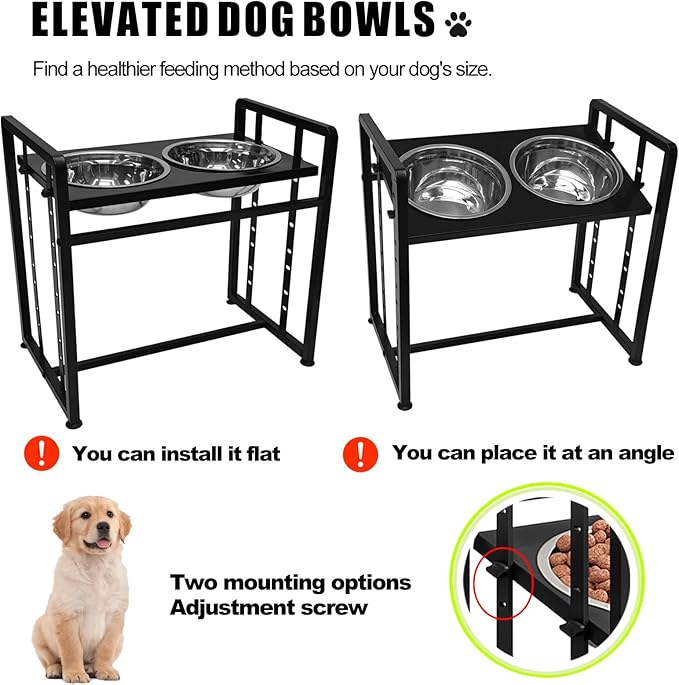 Elevated Dog Bowls 4 Height Adjustable Metal Pet Food Feeder Stand with 2 Stainless Steel Bowl Raised Dogs Feeding Station with Non-Slip Mats Black (Black, Without Feeding Mat)