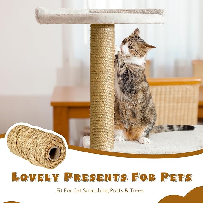 164 ft/50 m Sisal Rope for Cat Scratcher, 1/4 inch/ 6 mm Thick Twine for Cat Scratching Post Cat Tree Replacements DIY Craft Projects, Jute Hemp Rope with 4 Random Colors Cat Toys