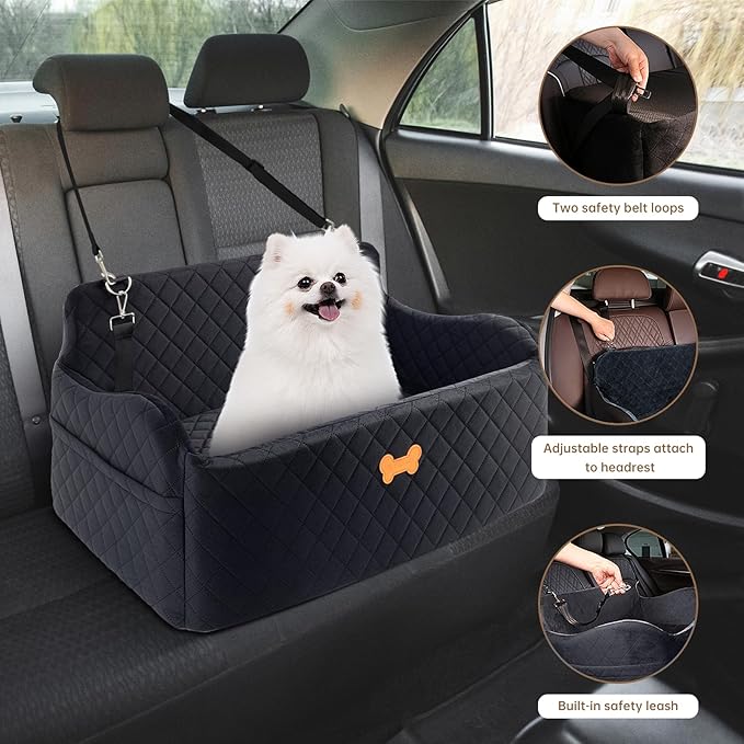 Car Seat for Large Size Dog, Booster Seat for Dogs Under 55 lbs or 2 Small Dogs, Soft Car Dog Bed Filling in Thick Memory Foam with 2 Safety Leashes and Storage Pocket (Black)