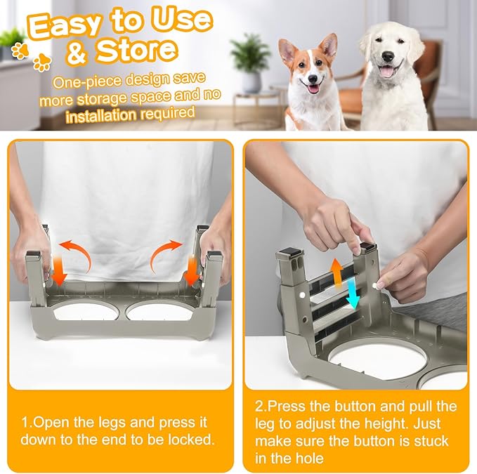 Elevated Bowls for Small Dogs - 3 Height Adjustable Raised Stand With 25oz Stainless Steel Food Bowls, Anti-Slip Feeder Adjusts to 7.5", 6", 2.75", Light Brownish Gray