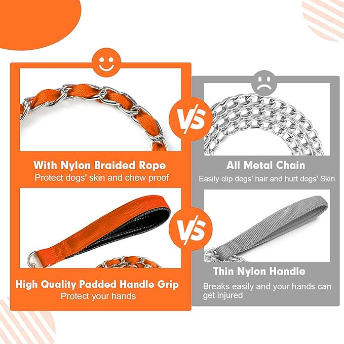 Heavy Duty Metal Dog Leash, Chew Proof Dog Chain Leash with Comfortable PU Leather Padded Handle, Metal Chain and Nylon Rope Leash for Medium Large Pooch Walking Training (6ft 3.0mm Orange)