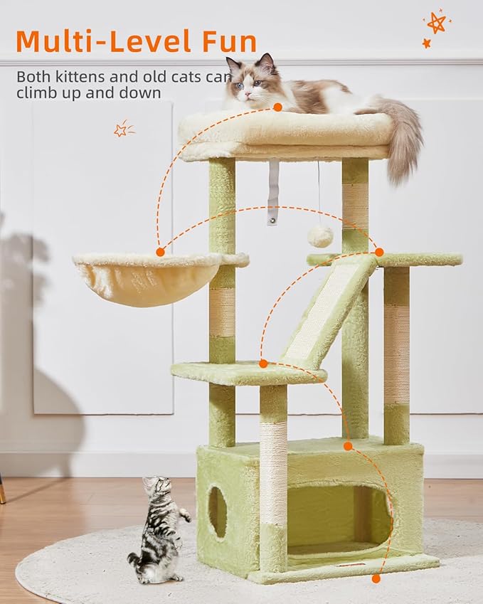 Taoqimiao Cat Tree,38.5-Inch Cat Tower for Indoor Cats,Suitable for Kittens with Luxurious cat condo with Adjustable Baskets and Luxurious Perch MS029SGB Green and Beige