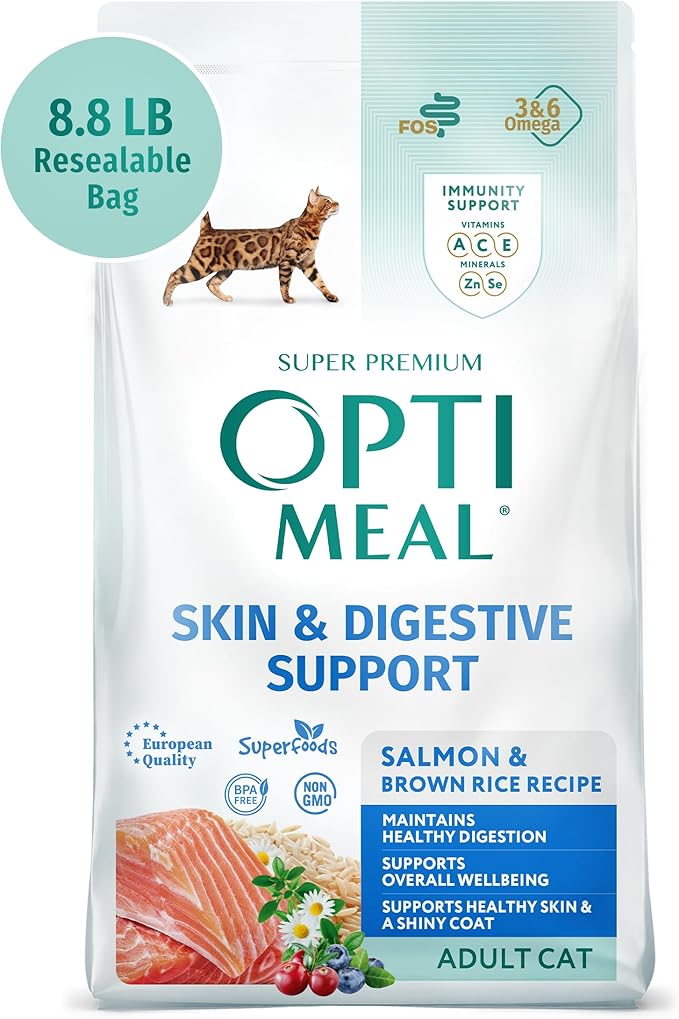 OPtimeal Skin & Sensitive Stomach Cat Food - Proudly Ukrainian - Healthy Cat Food Dry Recipe for Skin & Digestive Support, Tasty Dry Cat Food for Pets (8.8 lbs, Salmon & Brown Rice)