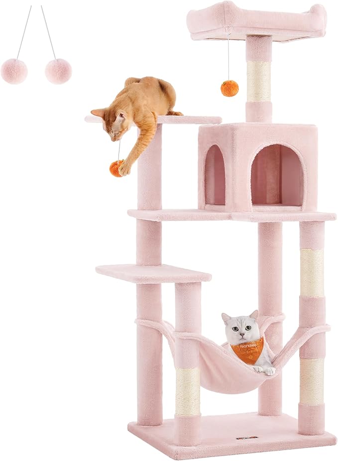 Feandrea Cat Tree, 56.3-Inch Cat Tower for Indoor Cats, Multi-Level Cat Condo with 4 Scratching Posts, 2 Perches, Hammock, Cave, Jelly Pink UPCT161P01
