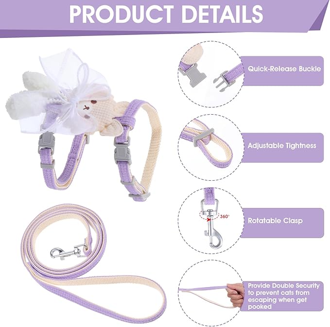 TIESOME Cat Harness and Leash Set, Adjustable Gradient Kitten Harness Escape Proof Harness with Leash for Kitty Outdoor Walking (Ribbon Bear Purple)
