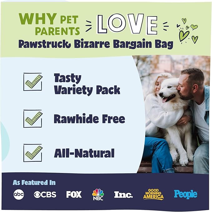 Pawstruck Bizarre Bargain Bag Assorted Natural Dog Chew Treats - Animal Ears, Jerky, Bones, Hooves, Beef Straps - Long Lasting Rawhide Alternative for Chewers, All Breeds - 1 lb, Packaging May Vary