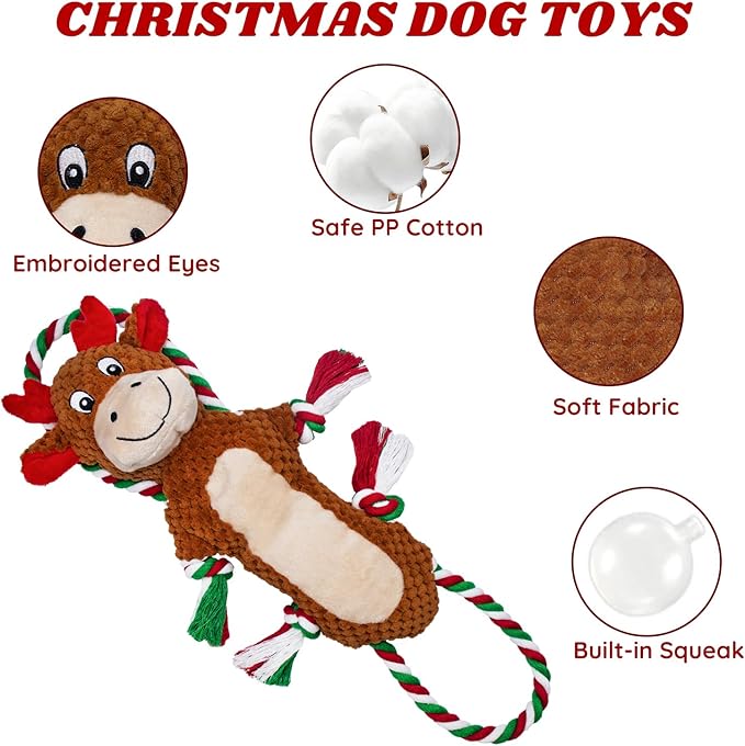 Christmas Squeaky Reindeer Dog Toys-Tug of War Dog Toy for Puppy- Keep Them Busy and Entertained- Interactive Pet Toys for Small & Medium Breeds