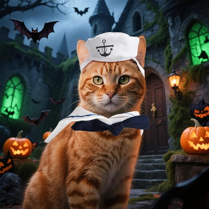 PETLESO Cat Costume Cat Sailor Hat Small Dog Outfit Pet Halloween Costumes for Kitten,Puppy