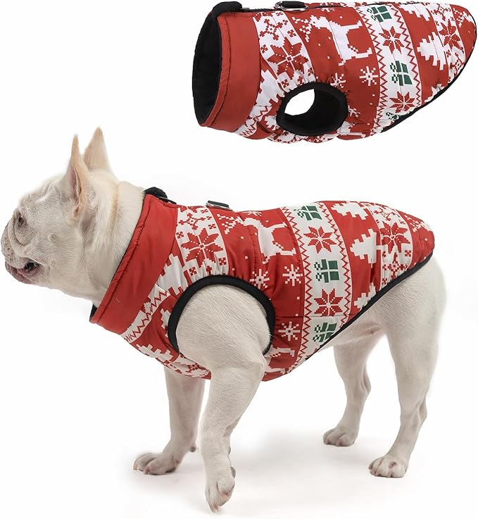 SCENEREAL Christmas Winter Dog Vest Coat with Harness Built in, Warm Puppy Jacket for Small Medium Dogs, Cold Weather Coat with Zipper, Fleece Puffer Vest Windproof Snow Clothes, L