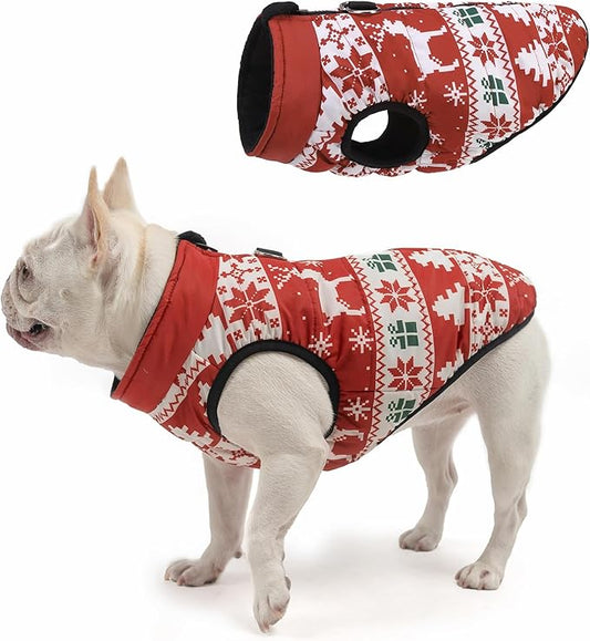 SCENEREAL Christmas Winter Dog Vest Coat with Harness Built in, Warm Puppy Jacket for Small Medium Dogs, Cold Weather Coat with Zipper, Fleece Puffer Vest Windproof Snow Clothes, L