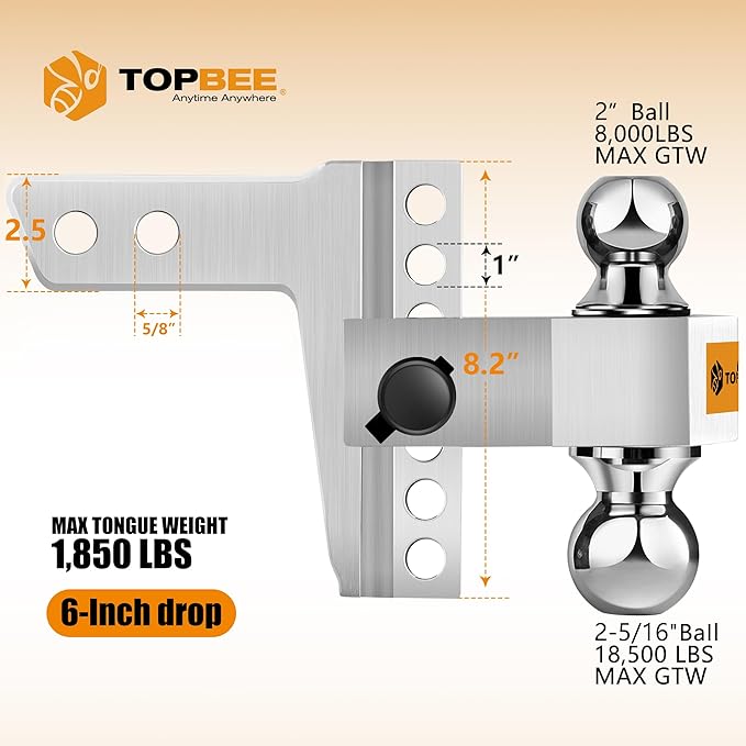 Tow Hitch- Fits 2.5'' Receiver Only, 6'' Drop/Rise Drop, Dual Ball (2'' X 2-5/16''), Adjustable Aluminum Trailer Hitch for Heavy Duty Truck -18,500 Gtw with Trailer Locks-312506