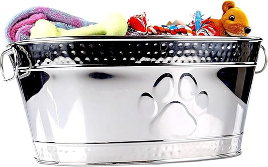 BREKX Metal Indestructible Dog Toy Bin - Steel Dog Toy Basket with Handles, Pet Storage Box, Oval for Blankets, Leashes, & Ropes for Aggressive Chewers - Pawprint Design Home Decor (Silver)