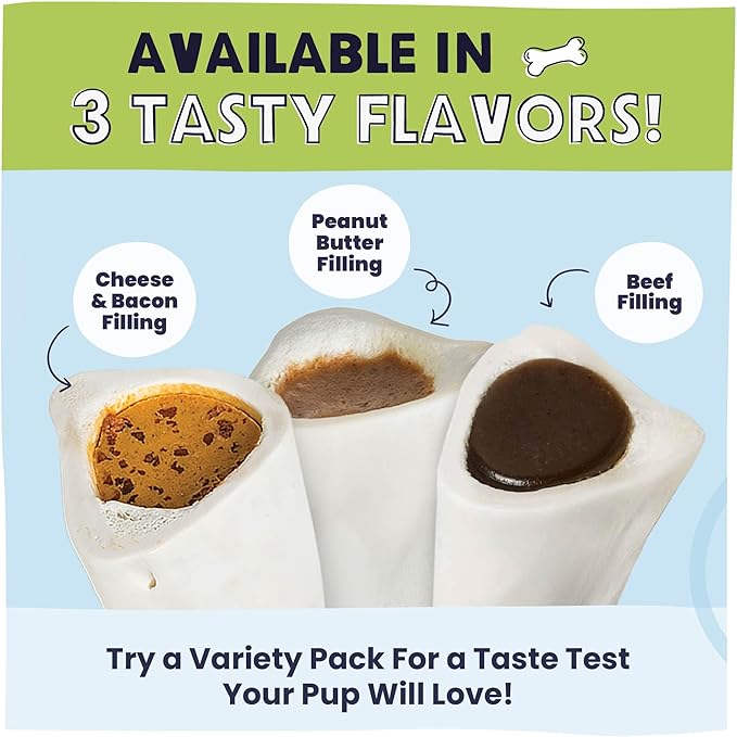 Pawstruck Large 5-6" Filled Dog Bones, Beef Flavor - Made in USA, Long-Lasting Stuffed Femur for Aggressive Chewers, Dental Treat - Pack of 3, Packaging May Vary