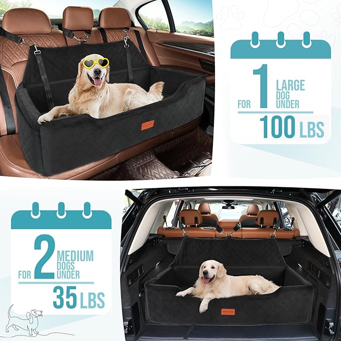Large Dog Car Seat Under 100 lbs, Washable Dog Car Bed for 2 Medium Dogs, Detachable Pet Booster Seat with Storage Pocket and Seat Belt for Back Seat Dog Travel Bed