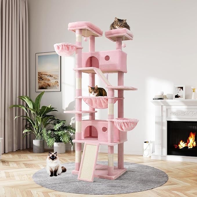 MUTICOR 81 inches Multi-Level Tall Cat Tree Tower for Indoor Kitties/Large Climbing Tree House for Big Feline/Condo/Sisal Scratching Posts/Plush Perches Platforms/Basket Hammock/Pink
